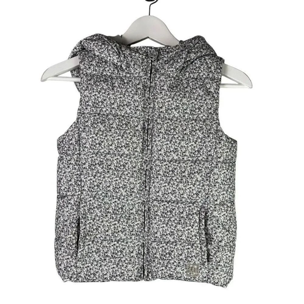 Gap Kids Girls Medium Gray Floral Hooded Vest Primaloft